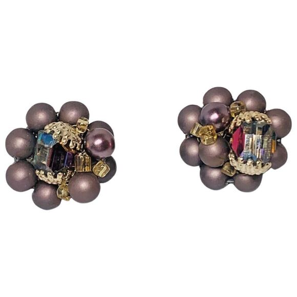 Vintage Japan Purple Rhinestone Flower Clip-On Earrings 1" Beaded Jewelry - Picture 5 of 11